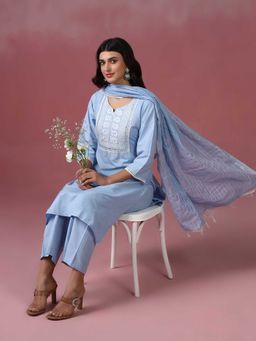 Shree - Women Poly Cotton Blue Embroidered Kurta with Pant and Dupatta