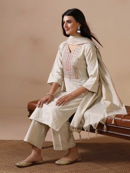 Shree - Women Poly Cotton Beige Embroidered Kurta with Pant and Dupatta