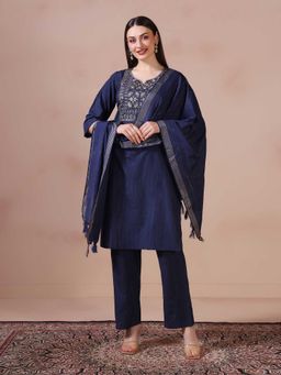 Shree - Women Poly Cotton Navy Blue Embroidered Kurta with Pant and Dupatta