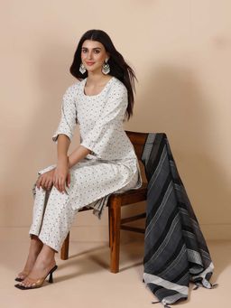 Shree - Women Poly Cotton Off White Yarn Dyed Kurta with Pant and Dupatta