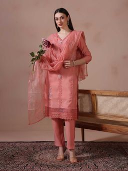 Shree - Women Mul Chanderi Peach Embroidered Kurta with Pant and Dupatta