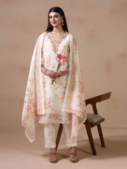 Shree - Women Poly Viscose Off White Embroidered Kurta with Pant and Dupatta