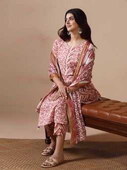 Shree - Women Cotton Maroon Printed Kurta with Pant and Dupatta