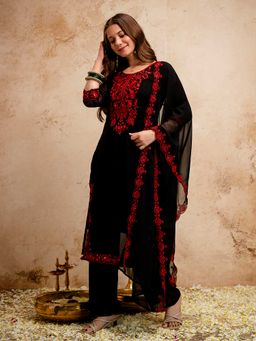 Ariya Prints - Women Black Embroidered Round Neck Kurta with Pant and Dupatta