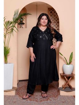 Doriyaan - Womens Black Mirror Work Embroidered Angrakha Kurta with Palazzo