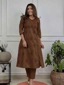 Doriyaan - Womens Brown Embroidered Angrakha Kurta with Palazzo