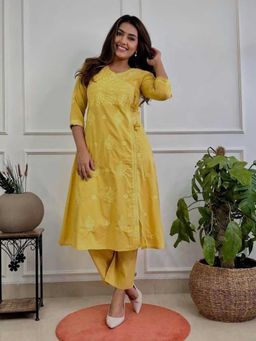 Doriyaan - Womens Yellow Embroidered Angrakha Kurta with Palazzo