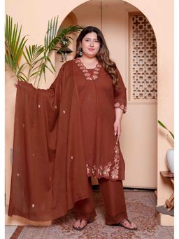 Doriyaan - Womens Plus Size Rust Embroidered Kurta with Palazzo and Dupatta