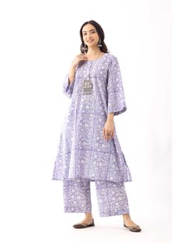 VASTRITO - Women Floral Lavender Sanganeri Organic Cotton A Line Kurta and Pant