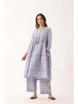 VASTRITO - Women Floral Lavender Sanganeri Organic Cotton A Line Kurta and Pant