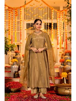 Ariya Prints - Women Gold Embroidered Round Neck Kurta with Palazzo and Dupatta
