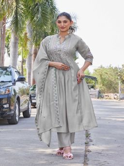 PMD FASHION - Women Grey Hand Embroidered Kurta with Pant and Dupatta