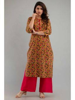 A&K - Women Floral Printed Gotta Patti Mustard Kurta with Palazzo