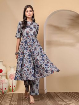 A&K - Women Floral Printed Pure Cotton Blue Anarkali Kurta with Palazzo
