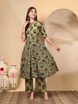 A&K - Women Floral Printed Pure Cotton Green Anarkali Kurta with Palazzo