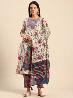 A&K - Embroidered Floral Printed Beige Pure Cotton Kurta with Pant and Dupatta