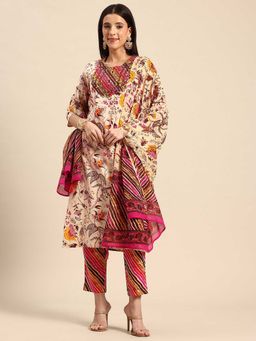 A&K - Embroidered Floral Printed Pure Cotton Multi-Color Kurta with Pant and Dupatta