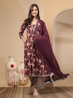 A&K - Floral Printed Sequinned Pure Cotton Maroon Kurta with Pant and Dupatta