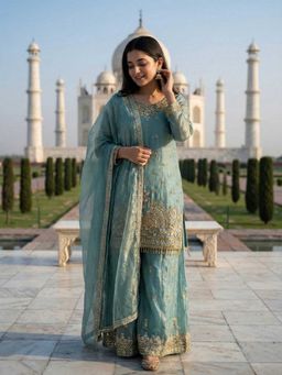 PMD FASHION - Women Turquoise Zari Embroidered Kurta with Palazzo and Dupatta