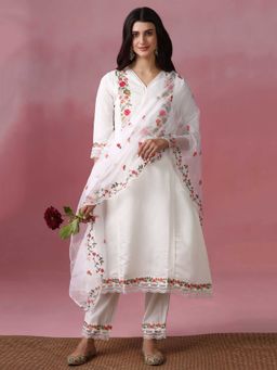 Shree - Women Roman Silk Blend Off White Embroidered Kurta with Pant and Dupatta