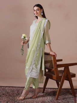 Shree - Women Viscose Organza Green Embroidered Kurta with Pant and Dupatta