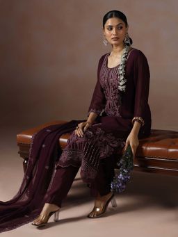 Shree - Women Organza Wine Embroidered Kurta with Pant and Dupatta