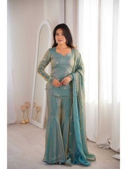 Ariya Prints - Women Teal Embroidered Round Neck Kurti with Palazzo and Dupatta