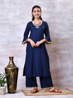 Rustorange - Blue and Solid Kurta Dupatta with Bell Sleeves (Set of 3)