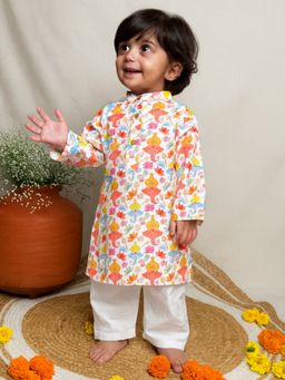 KNITROOT - White Cotton Slub Printed Kurta With Pyjama