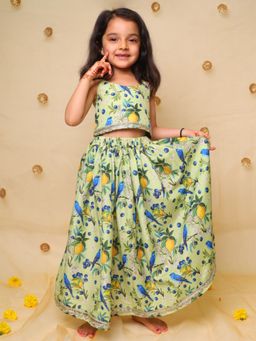 KNITROOT - Green Cotton Satin Printed Choli With Lehenga
