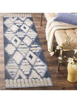 OBSESSIONS - Anti-Static Machine Made Geometric Bedside Runner, Blue & Beige (2x5 Feet)