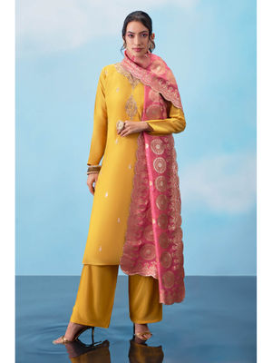 Mustard Yellow Embroidered Silk Dress Material with Pure Silk Jacquard Dupatta SHS06 main image 1