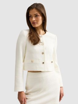 Forever New - White Round Neck Crop Textured Adeline Boucle Jacket
