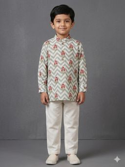 THE WISHING CLOSET - Boys Grey Floral Printed Kurta with Pyjama