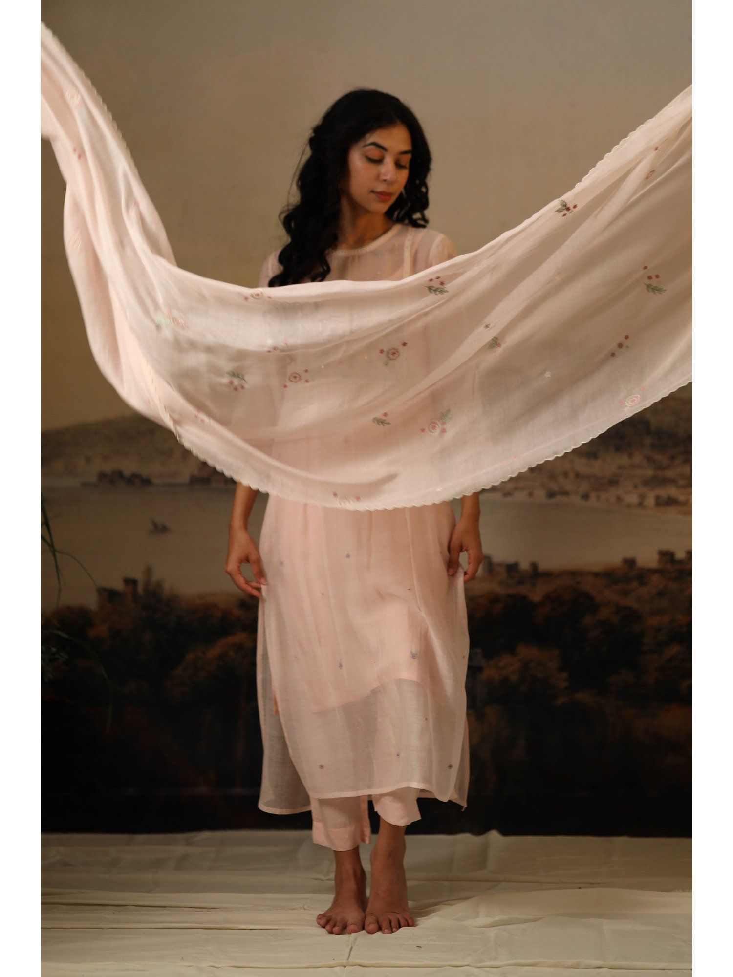 tatwa designs Ivory Pink Miniature Emb. Dupatta-picture-29