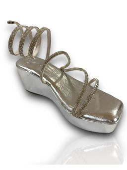 Sana K Luxurious Footwear - Silver Square Toe Lizard Spring Wedges Heels