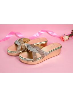 Sana K Luxurious Footwear - Women Gold Round Toe Faux Trio Wedges Heels