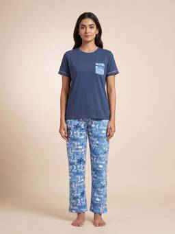 FABLUSH - Women Blue Viscose Top with Pyjama