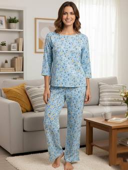 FABLUSH - Women Blue Viscose Top with Pyjama