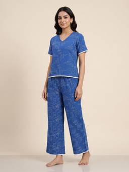 FABLUSH - Women Blue Cotton Blend Top with Pyjama