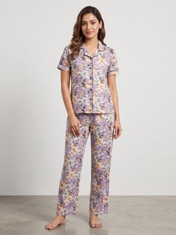 FABLUSH - Women Purple Rayon Shirt with Pyjama