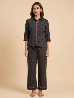 FABLUSH - Women Black Cotton Shirt with Pyjama