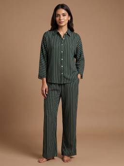 FABLUSH - Women Green Cotton Shirt with Pyjama