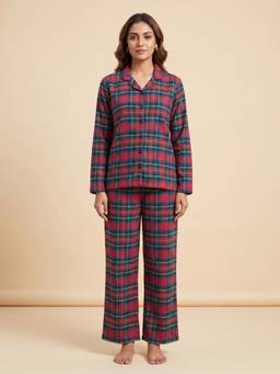 FABLUSH - Women Red Cotton Shirt with Pyjama