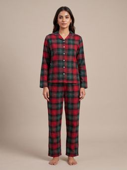 FABLUSH - Women Red Cotton Shirt with Pyjama