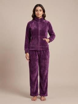FABLUSH - Women Purple Cotton Blend Sweatshirt with Pyjama