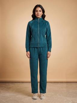 FABLUSH - Women Teal Velour Sweatshirt with Pyjama