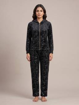 FABLUSH - Women Black Velour Sweatshirt with Pyjama