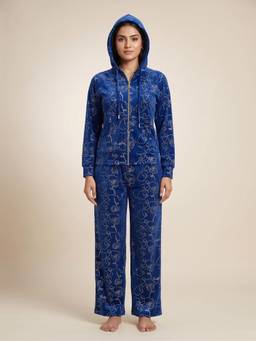 FABLUSH - Women Navy Blue Velour Sweatshirt with Pyjama