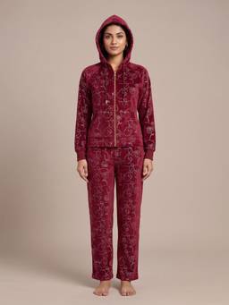 FABLUSH - Women Red Velour Sweatshirt with Pyjama